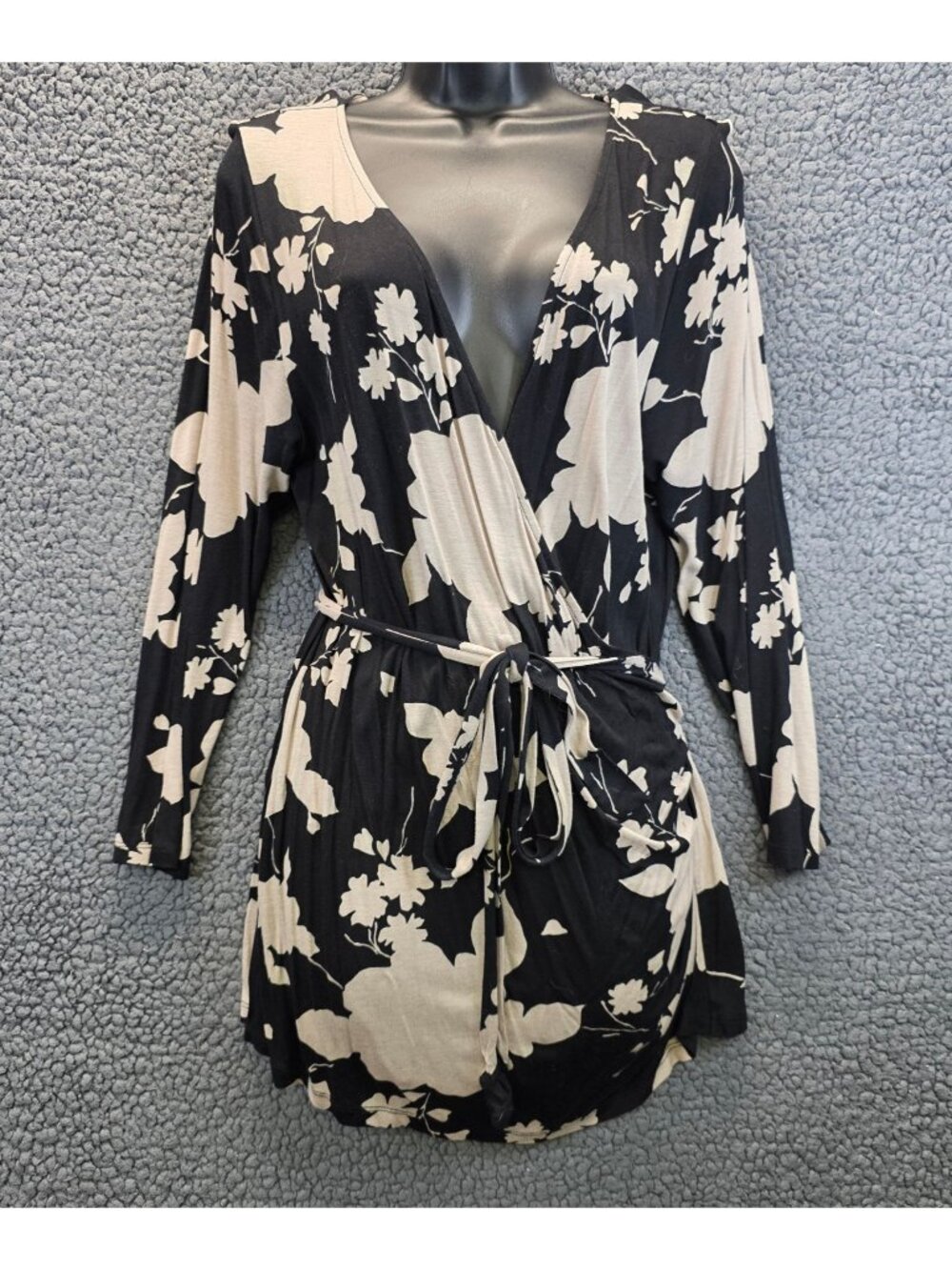 INC Wrap Dress XL Black Cream Floral Belted Feminine Festival Fairy Grunge